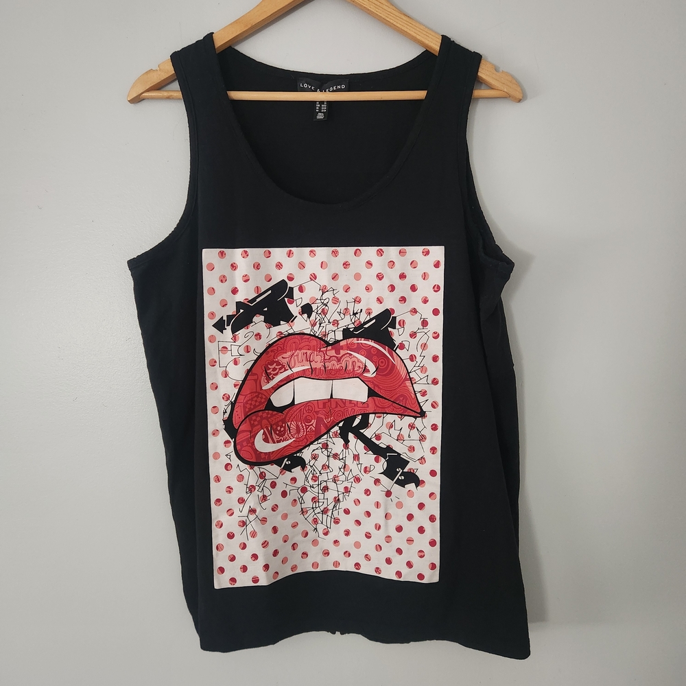 Love & Legend Black Tank with Red Lips and Polka Dots  Graphic Print Size 2X